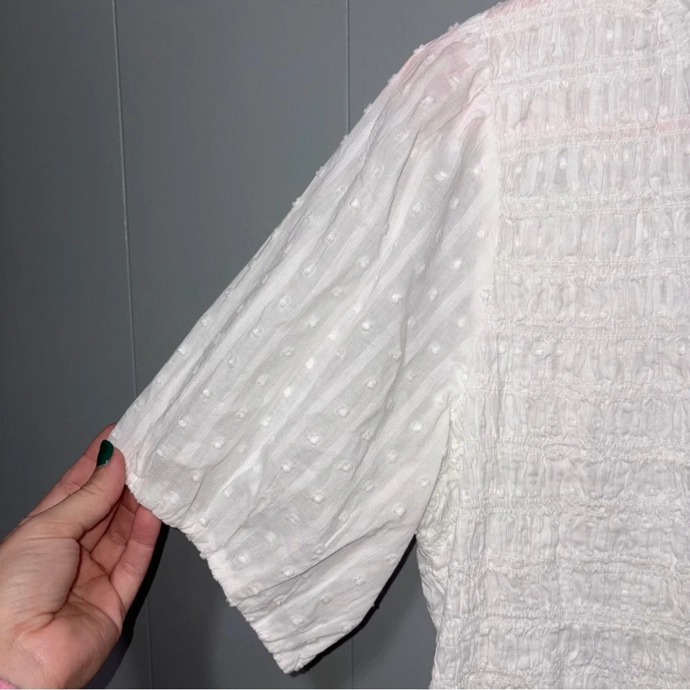 J. Crew Puff Sleeve Textured Voile Smocked White Short Sleeve Top Large NWT